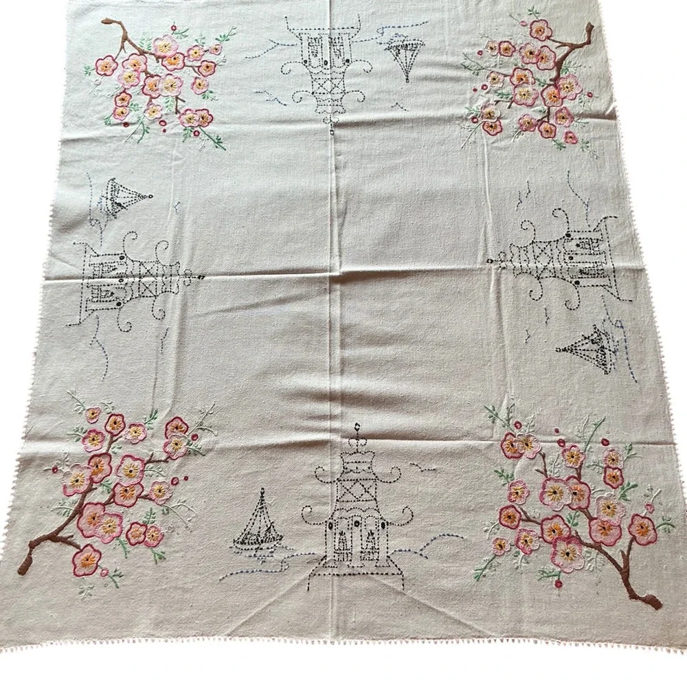 Vintage Hand Embroidered Tablecloth Pagoda Blossom Asian Floral 36x30 Linen‎